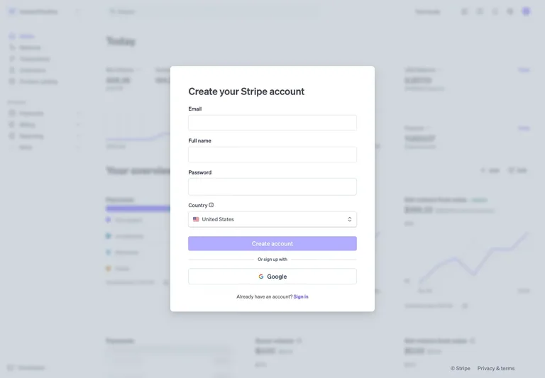Stripe — Create account — design reference