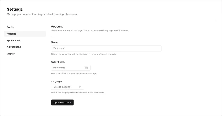shadcn/ui v3 — Account preferences