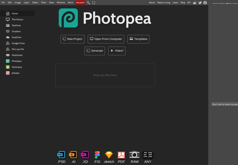 Photopea — Start screen