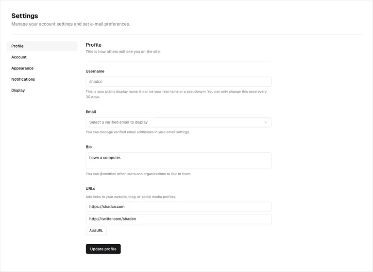 shadcn/ui v3 — Profile form