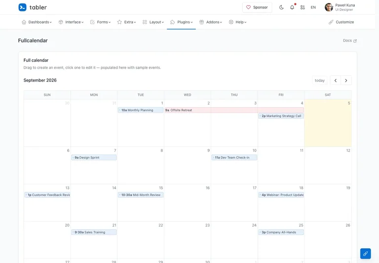 Tabler — Team calendar