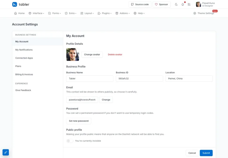 Tabler — Account settings demo