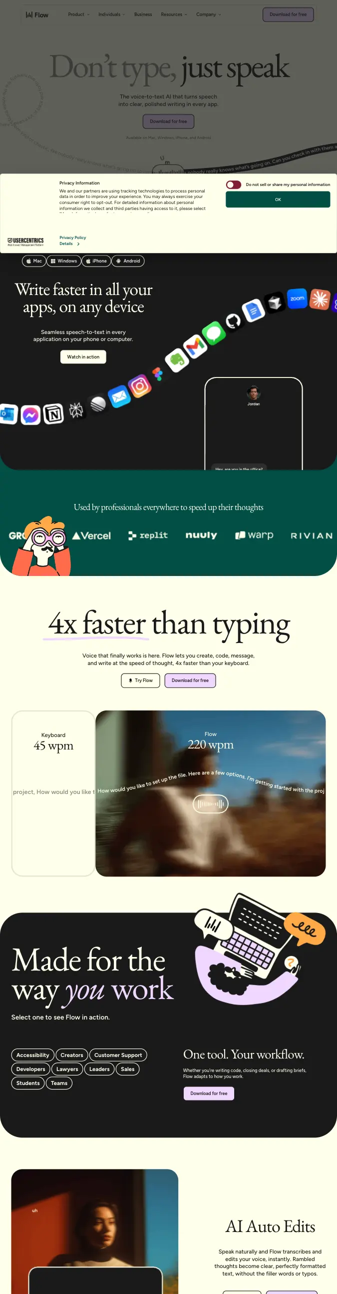 Wispr Flow — Warm Serif Voice AI preview